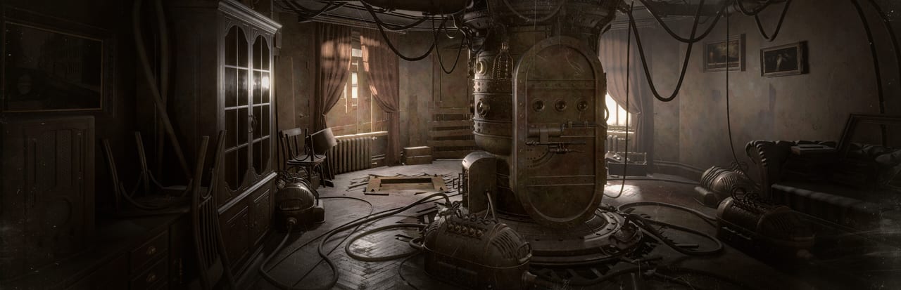 Sublustrum remake key art: a dim Victorian interior and the subconscious machine in aged-film light